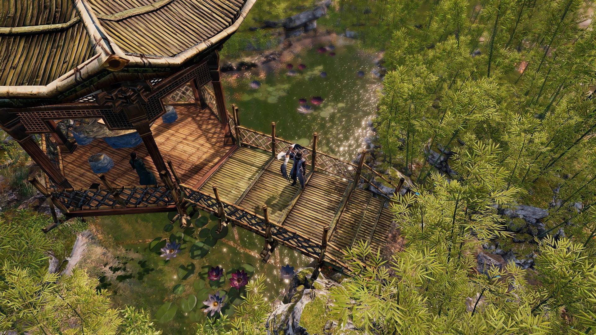 Wooden structure in a forest with characters around