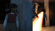 Cartoon character with a blurred face in a dimly lit room with another character holding a weapon.