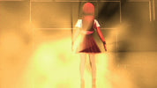 Person wearing a red hooded outfit with a blurred background
