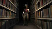 Person with a flashlight walking through a dark library aisle with bookshelves on either side.