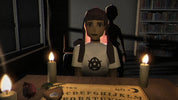 Character in a dimly lit room with candles and an Ouija board