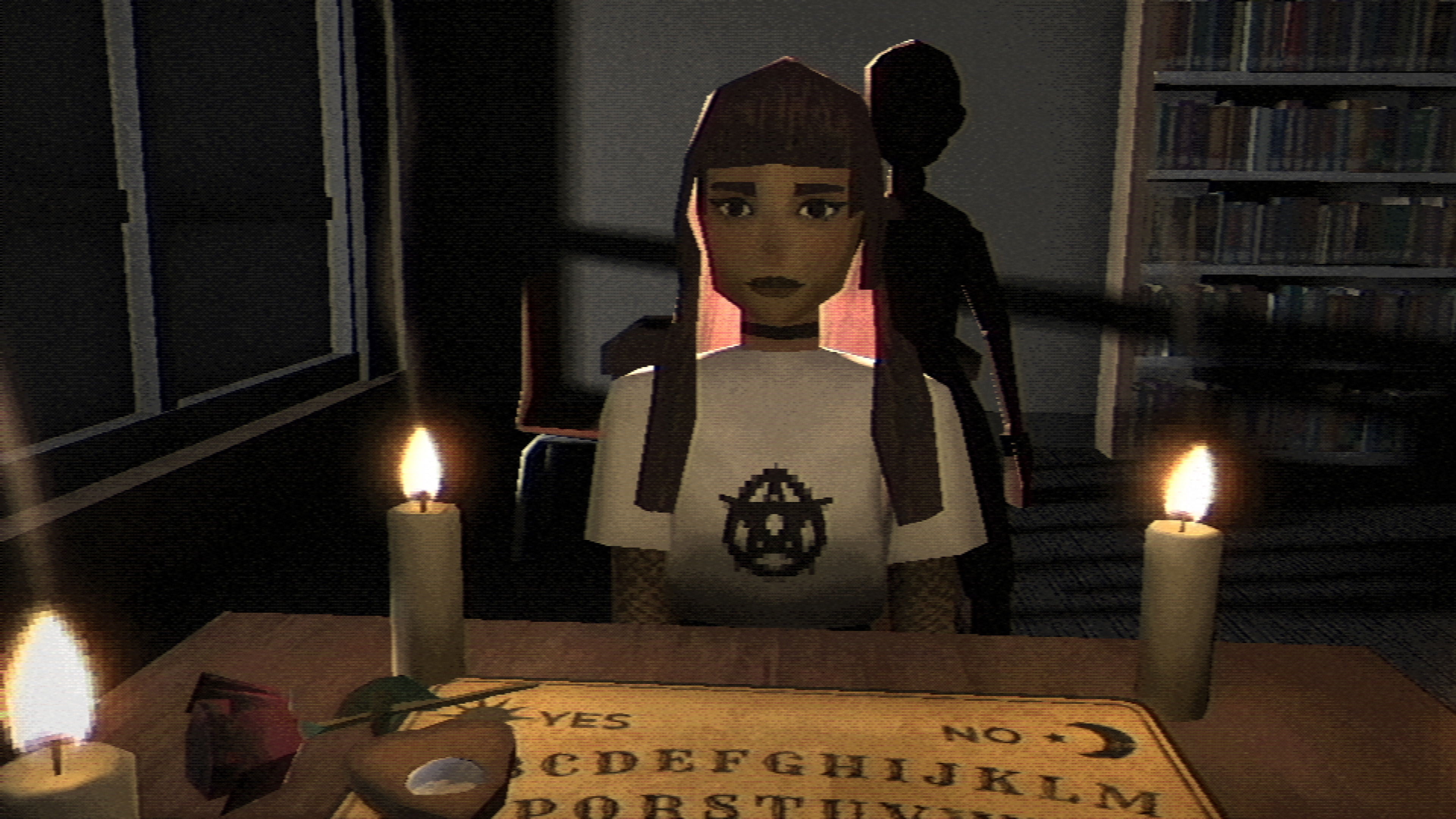 Character in a dimly lit room with candles and an Ouija board