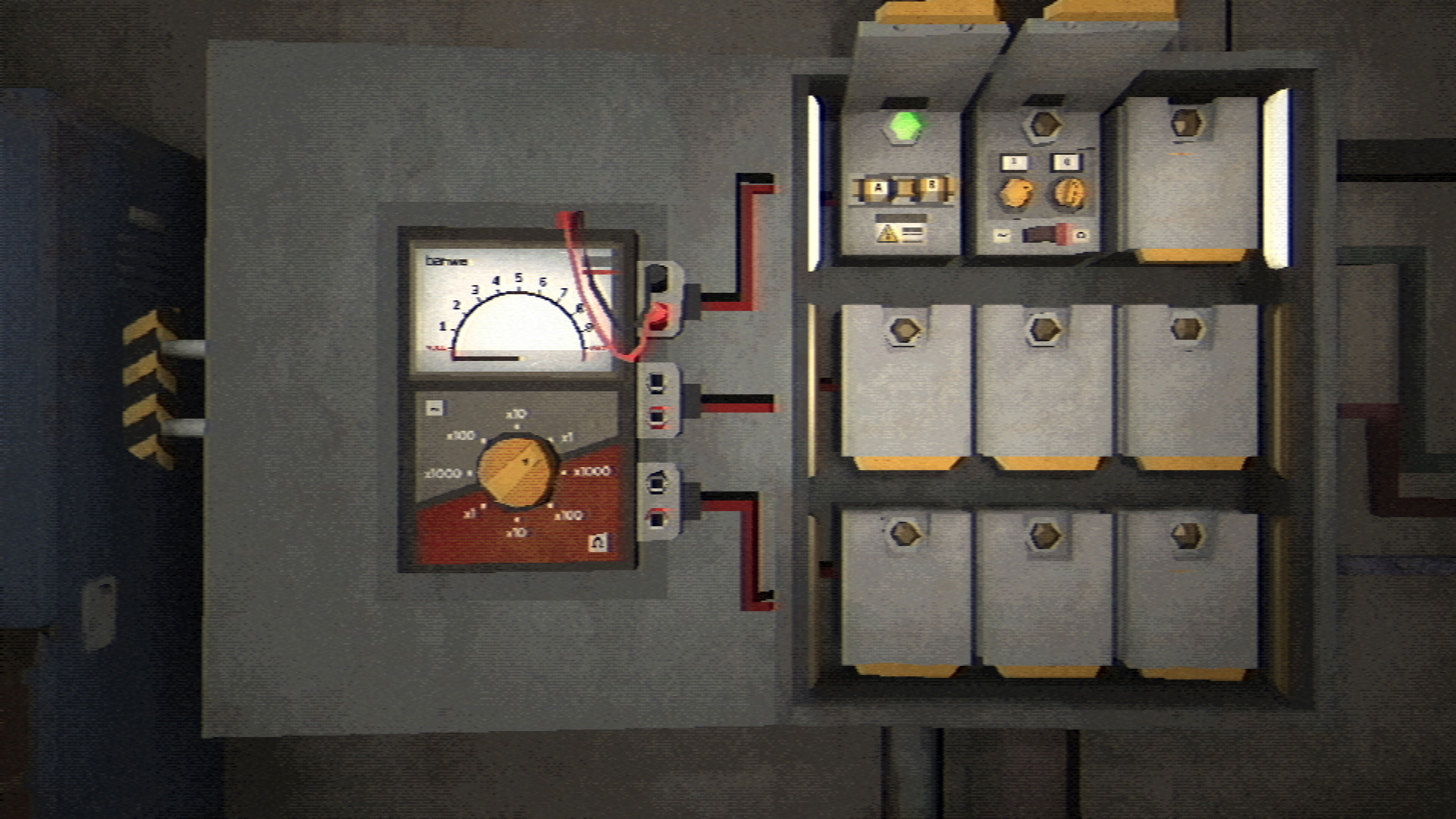 Control panel with gauges and switches on a gray wall