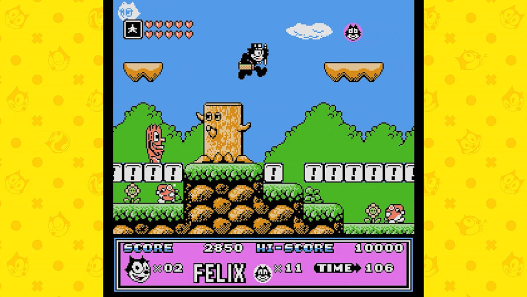 Pixel art game screen with a character named Felix on a yellow background
