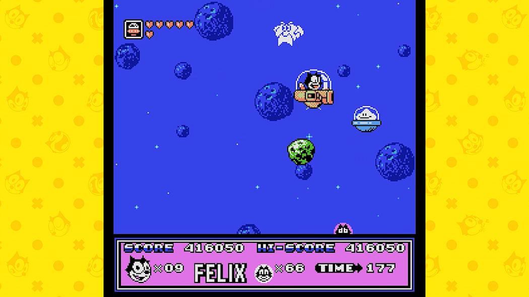Vintage video game screen with space-themed graphics on a yellow background