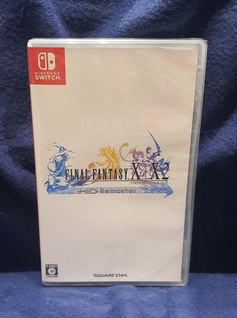 Nintendo Switch game case for 'Final Fantasy X + X-2 HD Remaster' on a blue fabric background