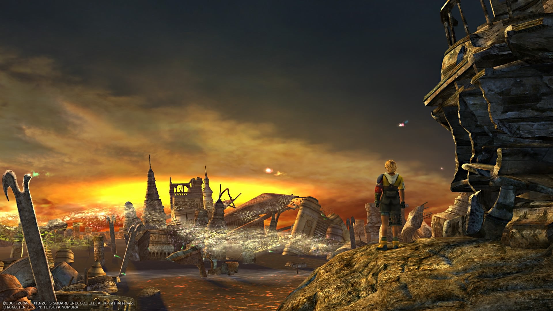 Dystopian landscape with ruins and a person standing on a rocky outcrop, sunset in the background.