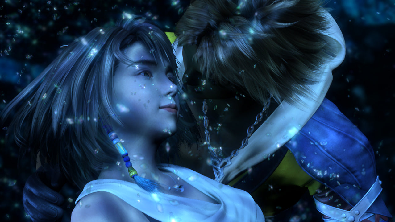 Animated character with flowing hair and a glowing blue aura against a dark background