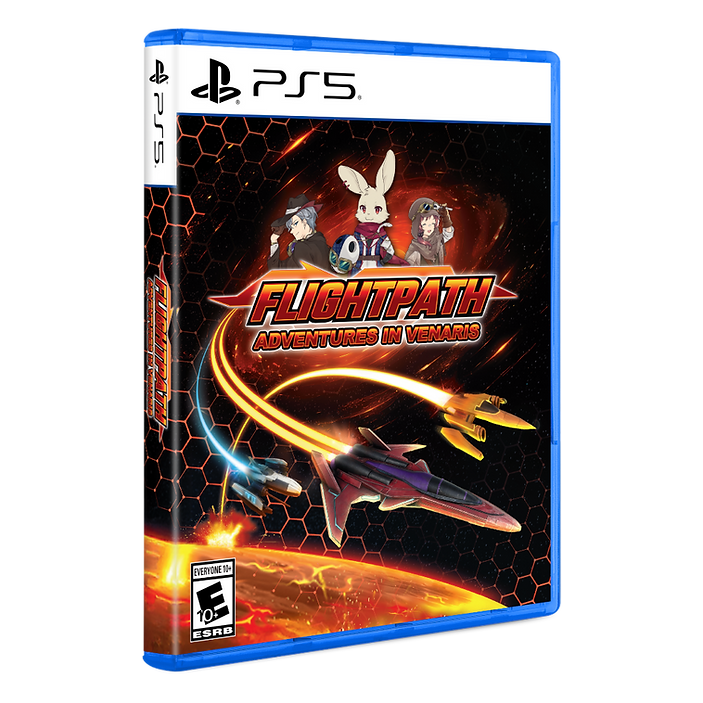 PlayStation 5 game case for 'Flightpath: Adventures in Venado' with characters and spaceship design.