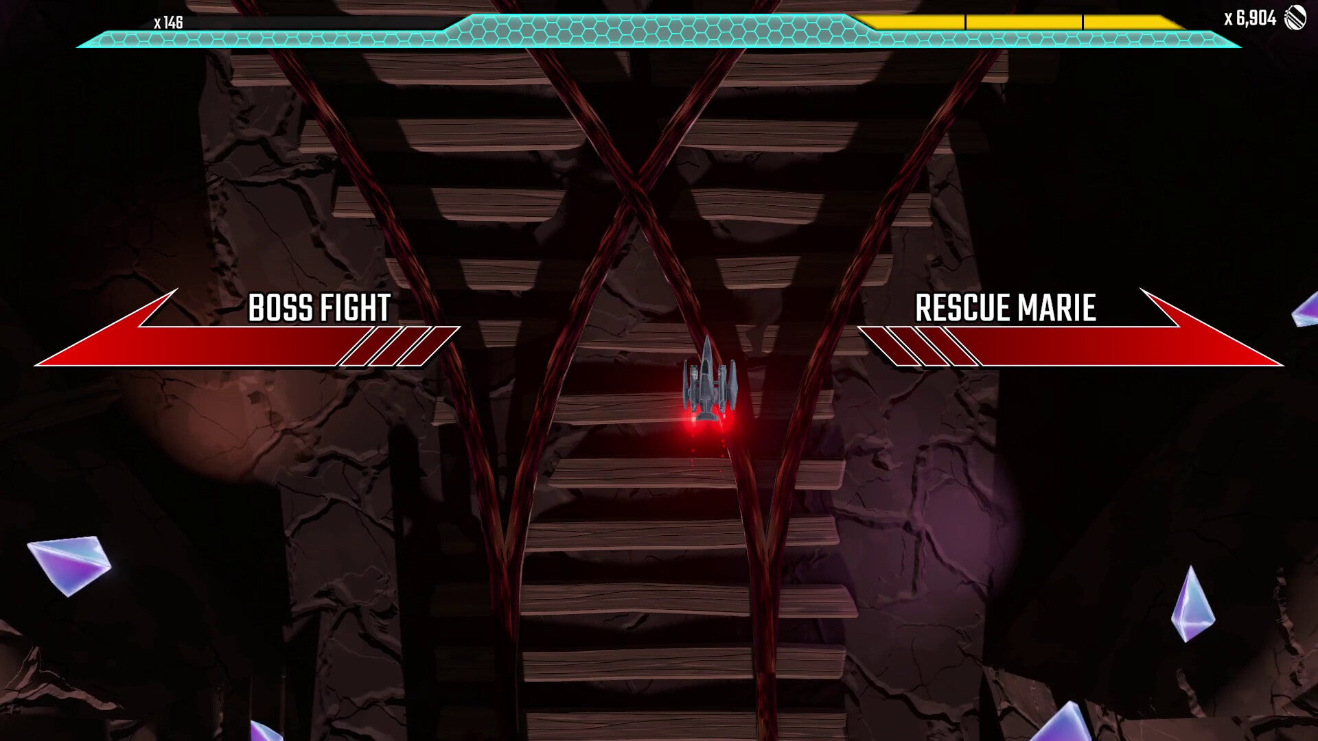 Game interface with 'Boss Fight' and 'Rescue Marie' options on a dark platform.