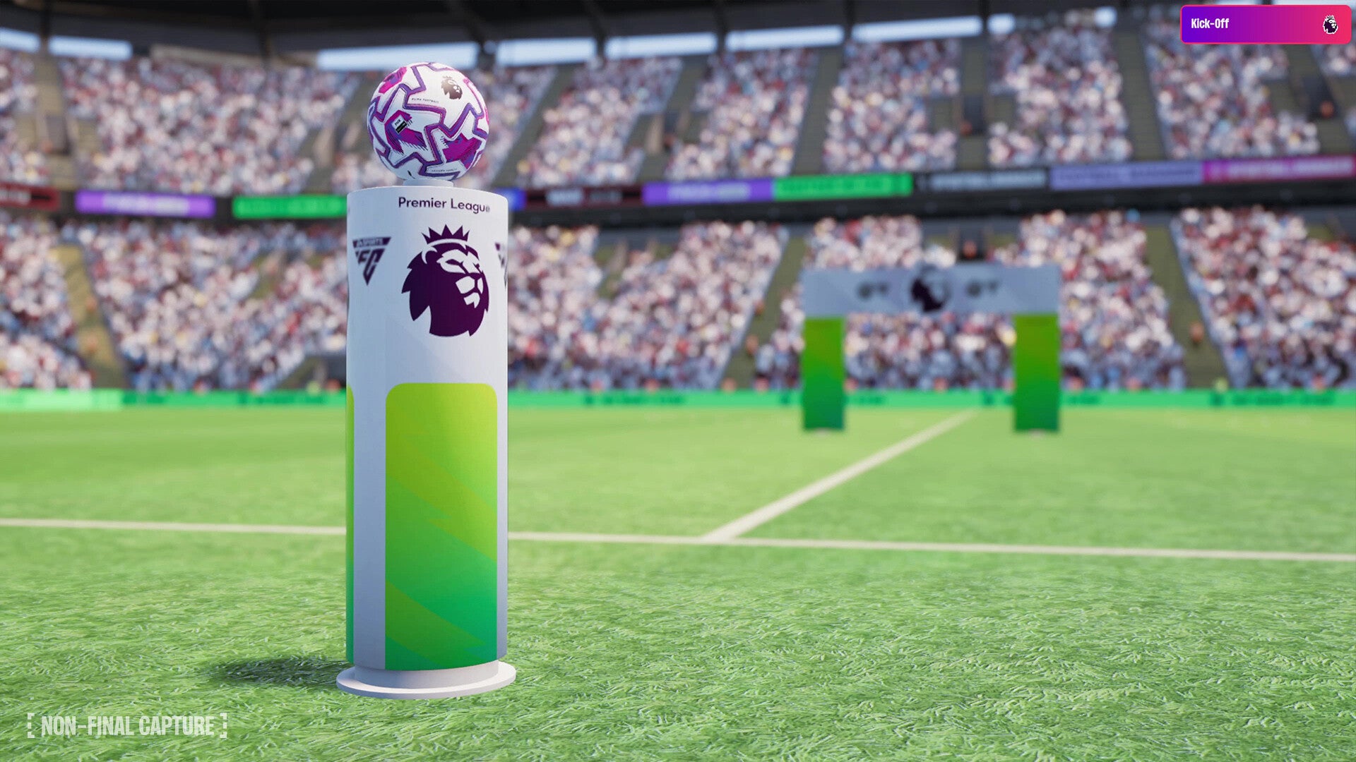 Futuristic sports ball on a stand with a stadium background