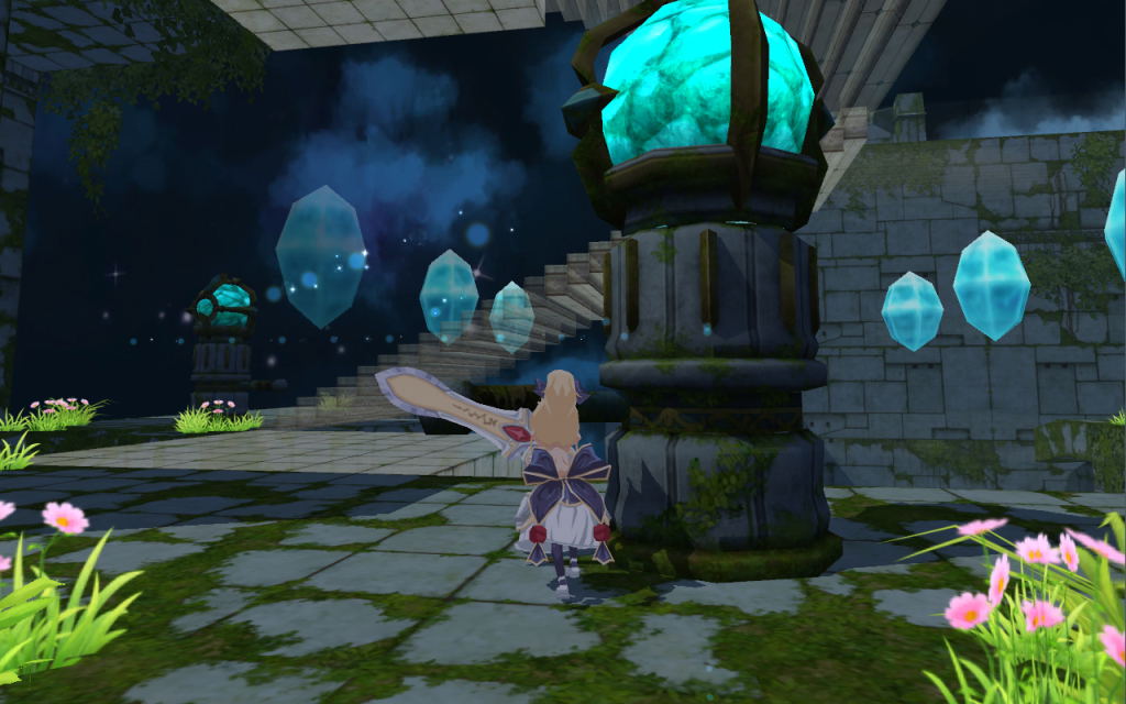 Character in a fantasy setting with glowing crystals and stone architecture.