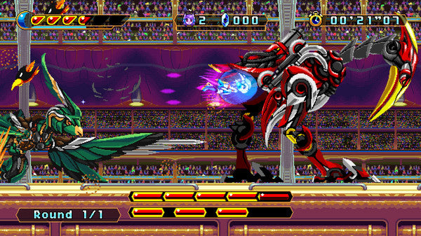 Video game screen with two characters facing each other in a arena setting