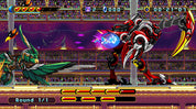 Video game screen with two characters facing each other in a arena setting
