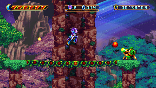 Video game scene with a character climbing a tower, surrounded by greenery and a starry sky.