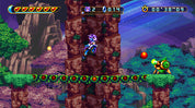 Video game scene with a character climbing a tower, surrounded by greenery and a starry sky.