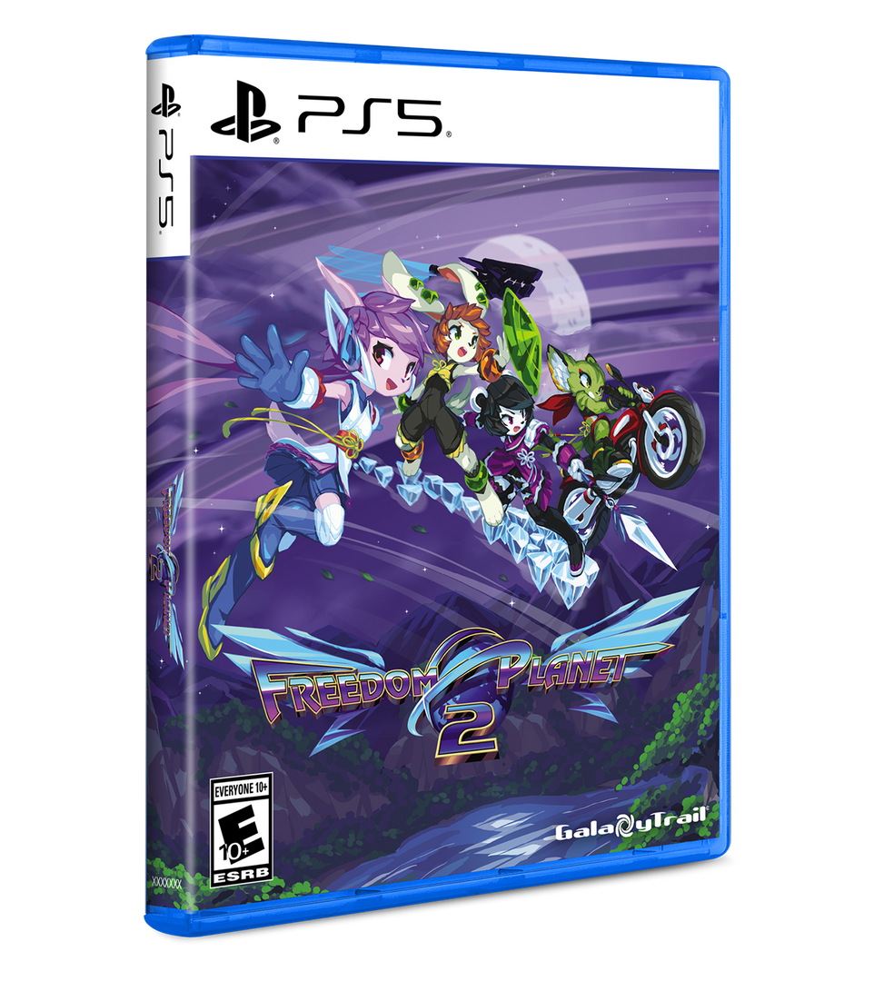 PlayStation 5 game case for 'Freedom Planet 2' with animated characters on a purple background