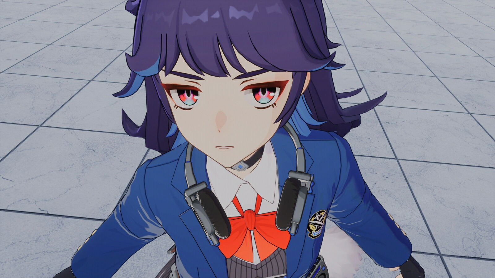 Animated character with purple hair and blue outfit sitting on a tiled floor.