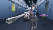 Character with a large weapon in a futuristic corridor