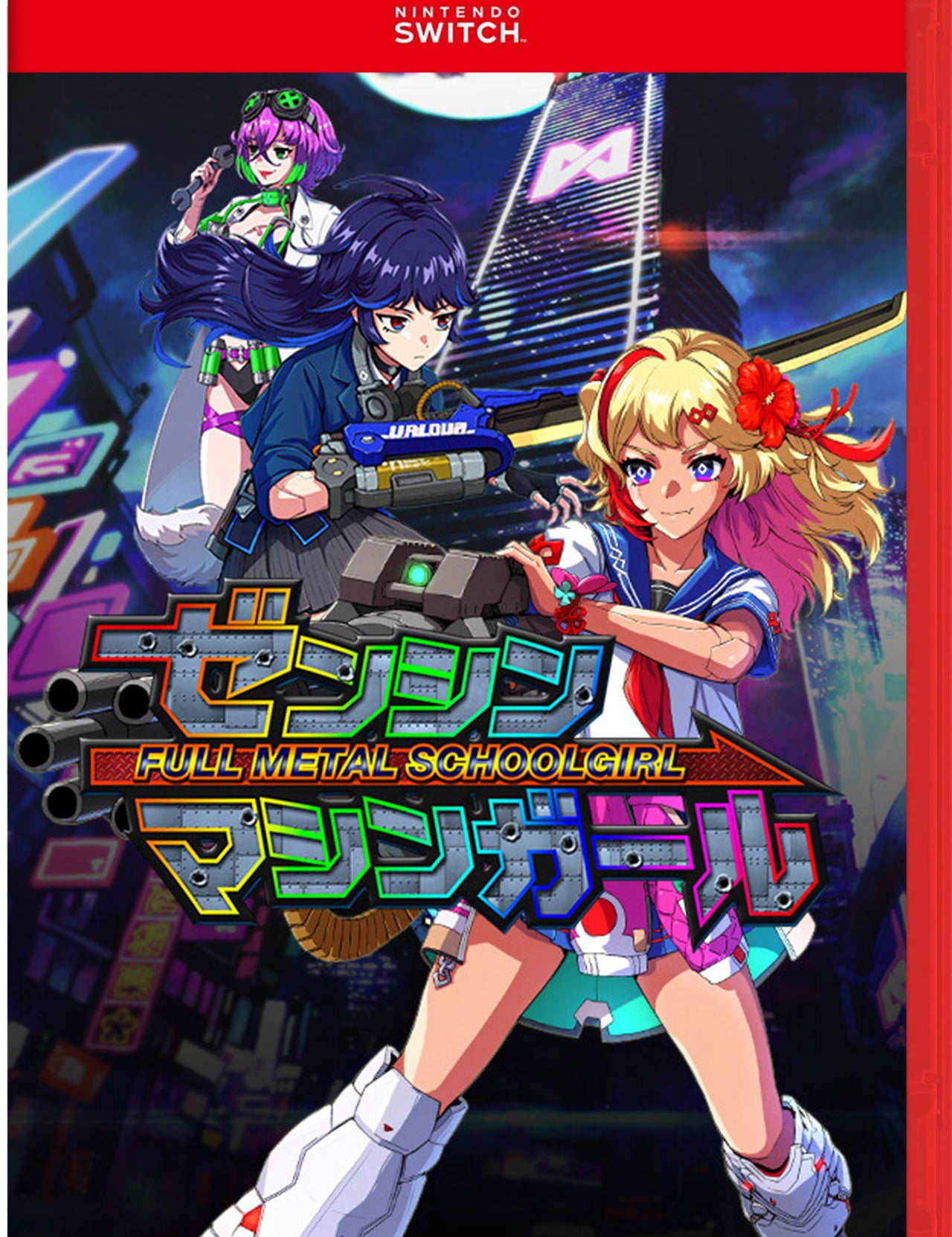 Nintendo Switch game console cover featuring animated characters with a vibrant cityscape background.