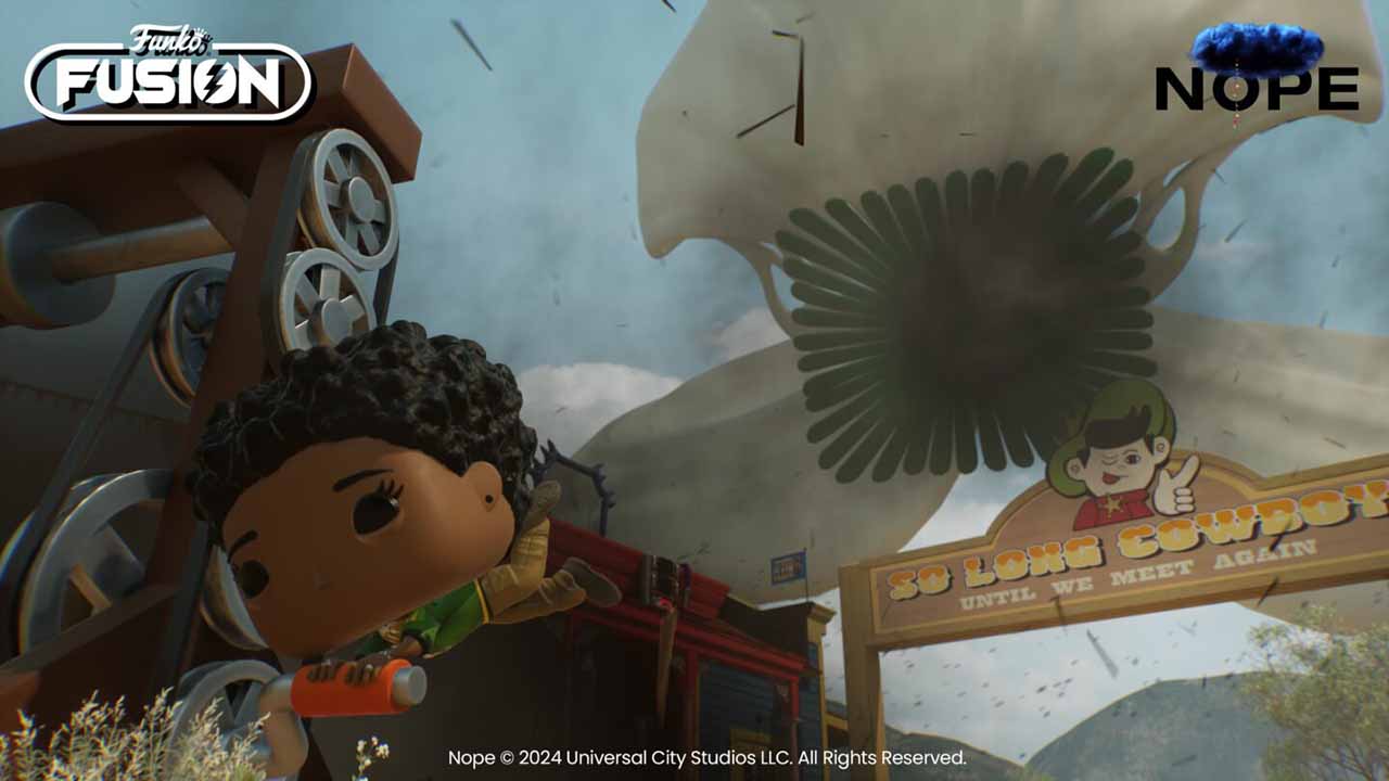 Animated character with a sign reading 'Du Lorn Cowgirls' and 'Funko Fusion' logo.