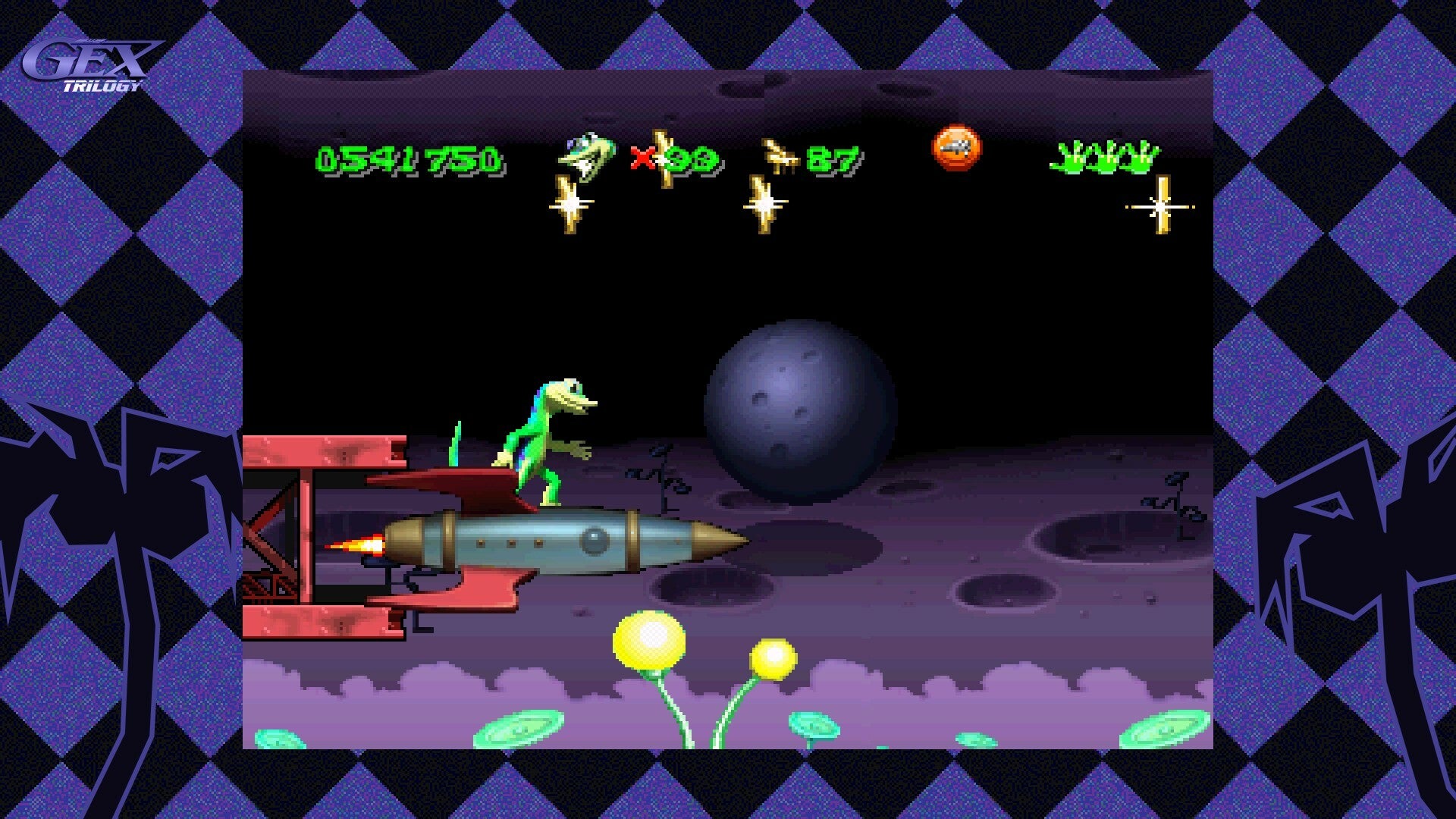 retro video game screen with space-themed graphics