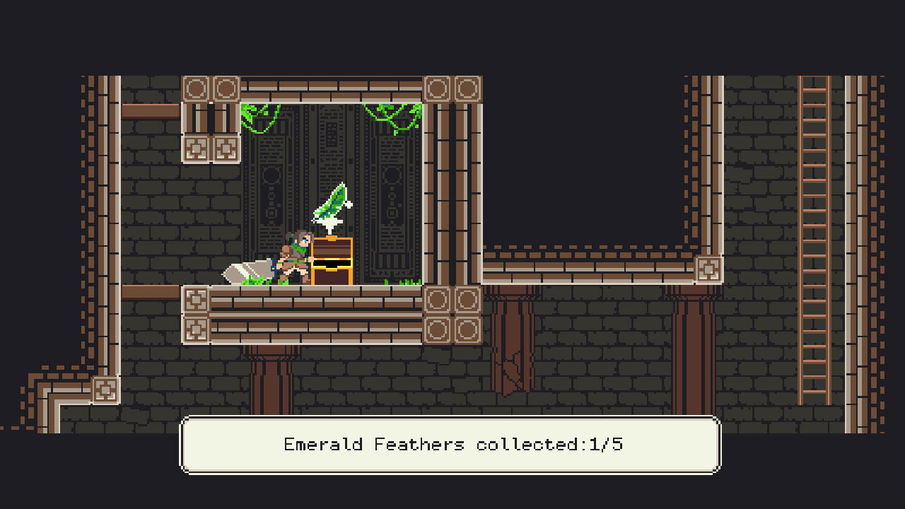 Pixel art scene from a video game with a character collecting emerald feathers.