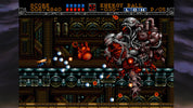 Pixel art screenshot from a retro 2D video game, showing a small blue character facing a large mechanical red and gray boss in a dark industrial level with score and status bars at the top.