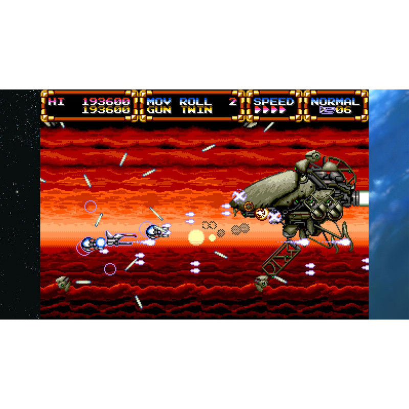 A screenshot from a retro 2D side-scrolling video game, showing a blue spaceship battling a large mechanical alien against a red-orange planetary background. The top header displays game scores and status text, and the image is framed by black space-themed borders on the left and a blue textured strip on the right.