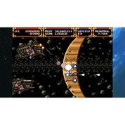 A retro video game scene showing a spaceship flying through a space with asteroids and enemy craft, framed within a larger white border that also includes a blue abstract side panel.