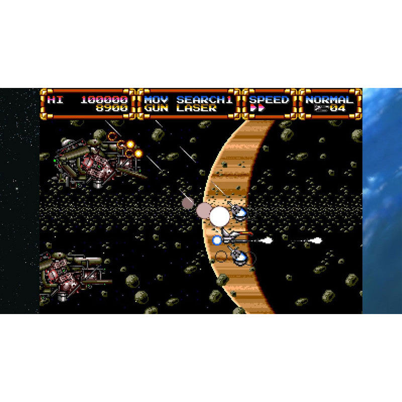 A retro video game scene showing a spaceship flying through a space with asteroids and enemy craft, framed within a larger white border that also includes a blue abstract side panel.
