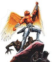 Fantasy illustration of a muscular winged warrior standing on a rocky cliff, with large golden wings, silver armor, and several dark monsters below against a plain white background.