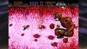 A retro video game scene with a pink and red textured field, a small blue-and-yellow character on the left, a large dark creature on the right, and a black score/energy header bar at the top.