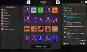 Game interface showing pet selection screen with various pet icons and class effects.