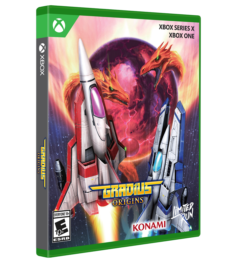 Video game box for 'Gradius Origins' on Xbox with space-themed artwork and Konami branding.