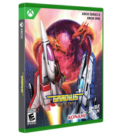 Video game box for 'Gradius Origins' on Xbox with space-themed artwork and Konami branding.