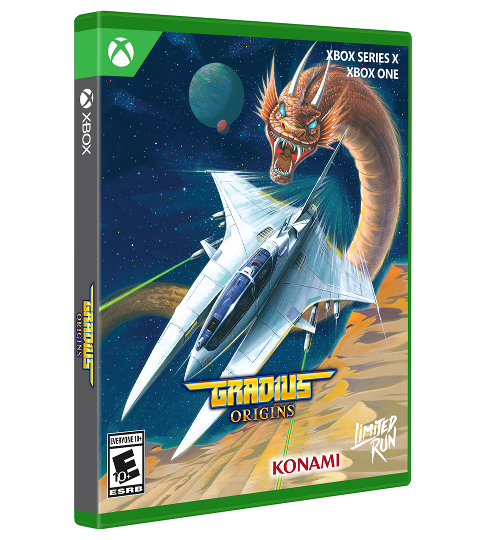Video game box for 'Gradius Origins' on Xbox with a dragon and spaceship design.