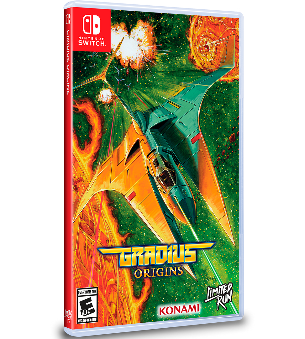 Game case for 'Gradius Origins' on Nintendo Switch with a futuristic spaceship design.