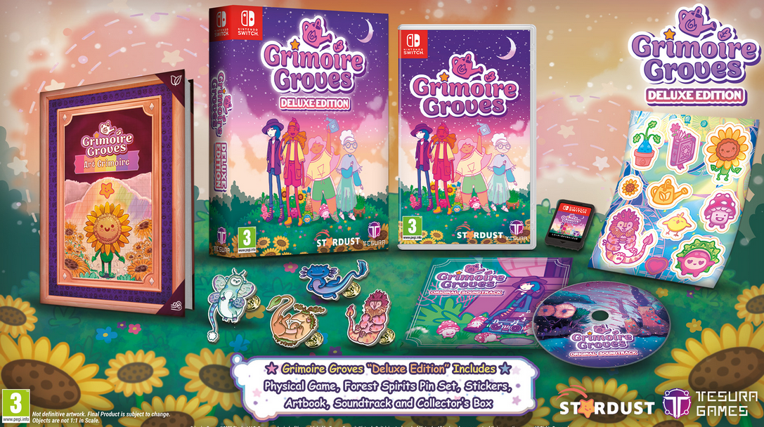 Grimoire Grooves Deluxe Edition packaging with game case, artbook, and accessories on a colorful background.