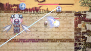 Top-down view of a video game scene with characters and a large weapon on a stone platform.