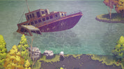 Pixel art style image of a shipwrecked boat on water with trees and rocks.