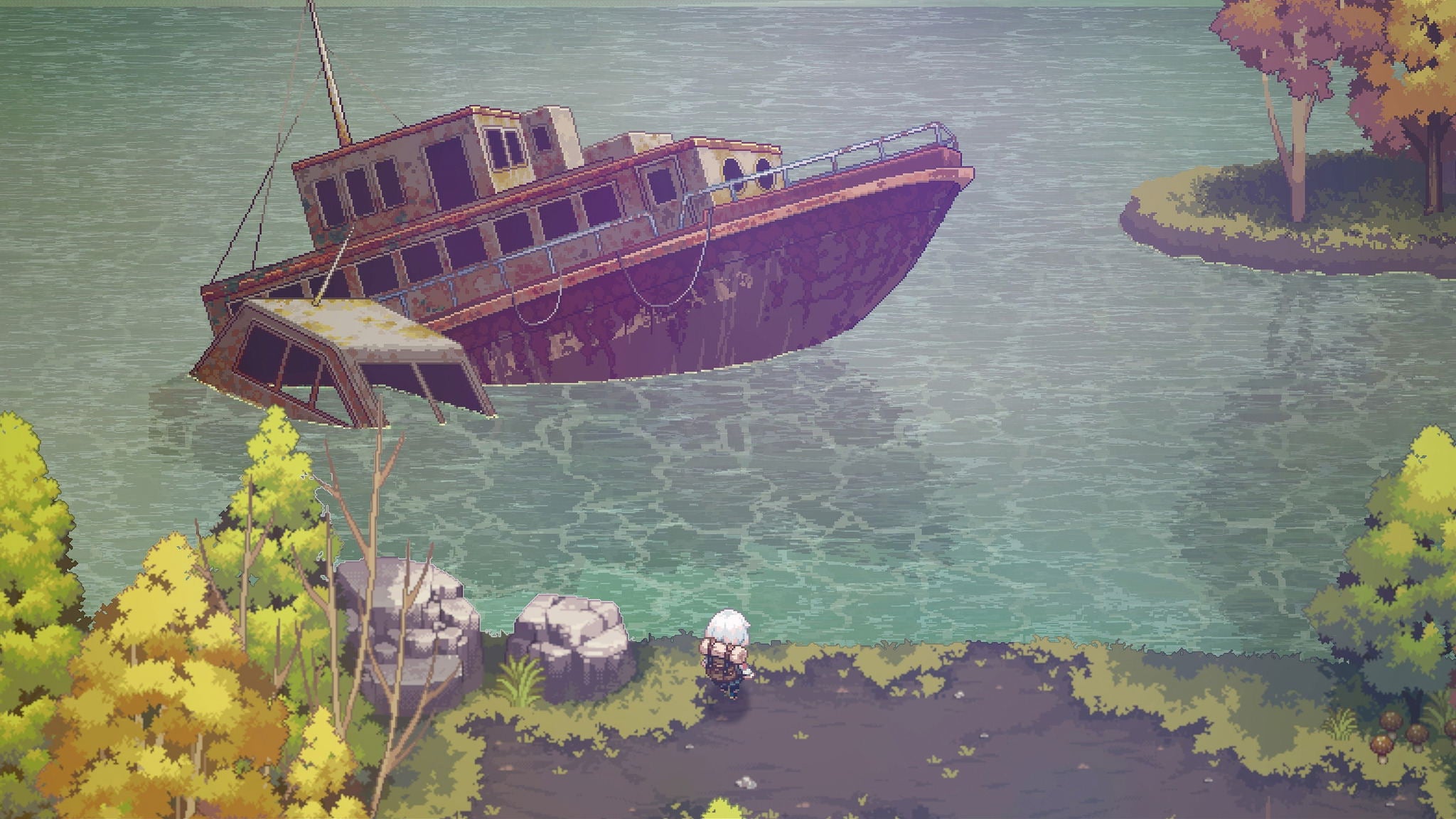 Pixel art style image of a shipwrecked boat on water with trees and rocks.