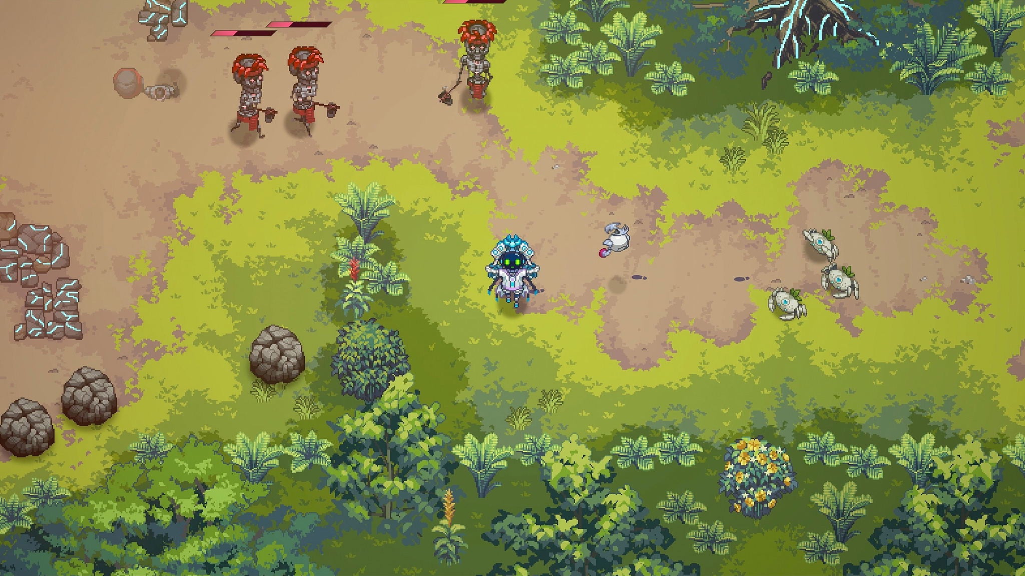 Pixel art scene with characters on a grassy landscape