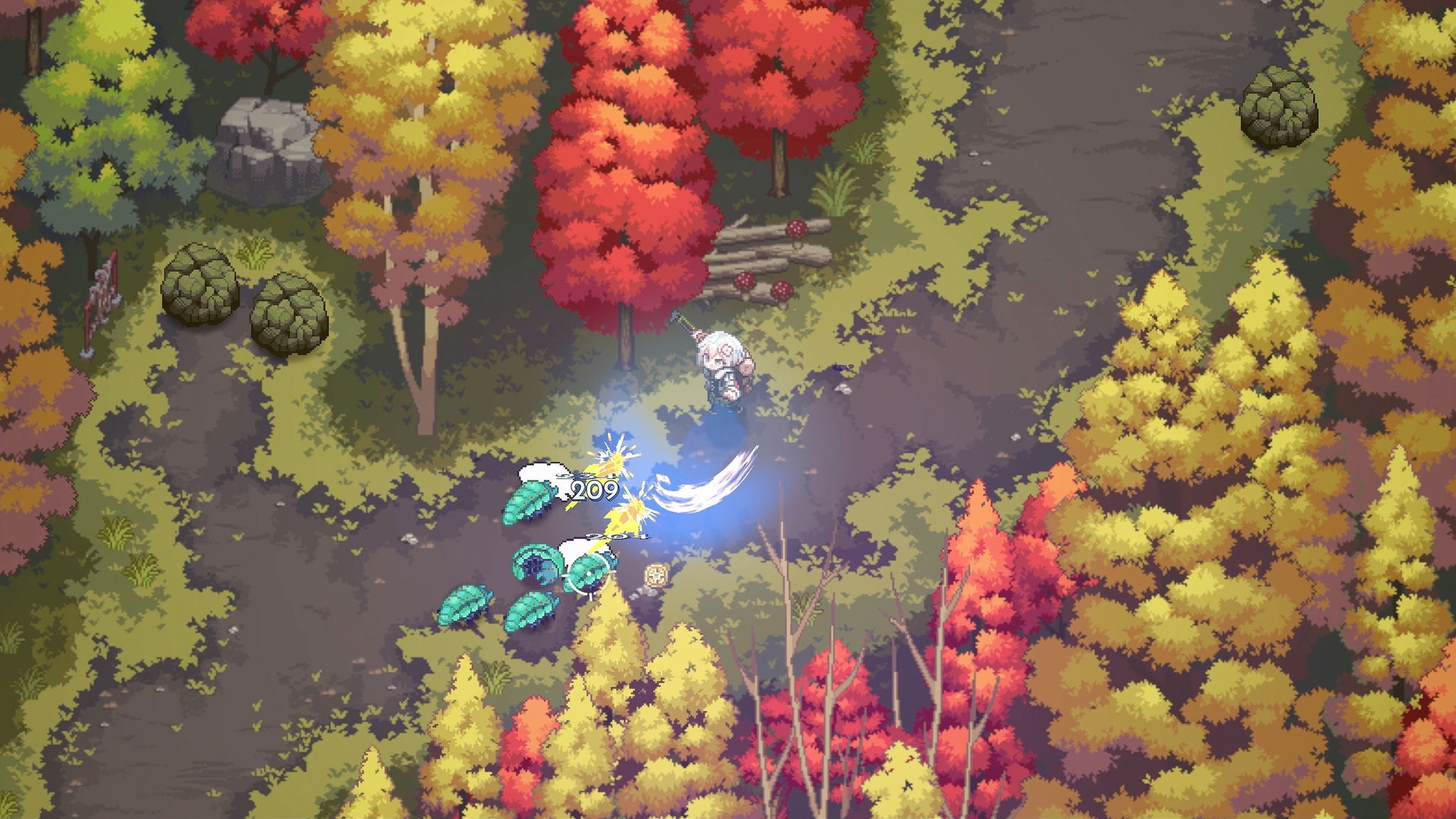 Pixel art scene of a character in a forest with colorful trees and foliage.