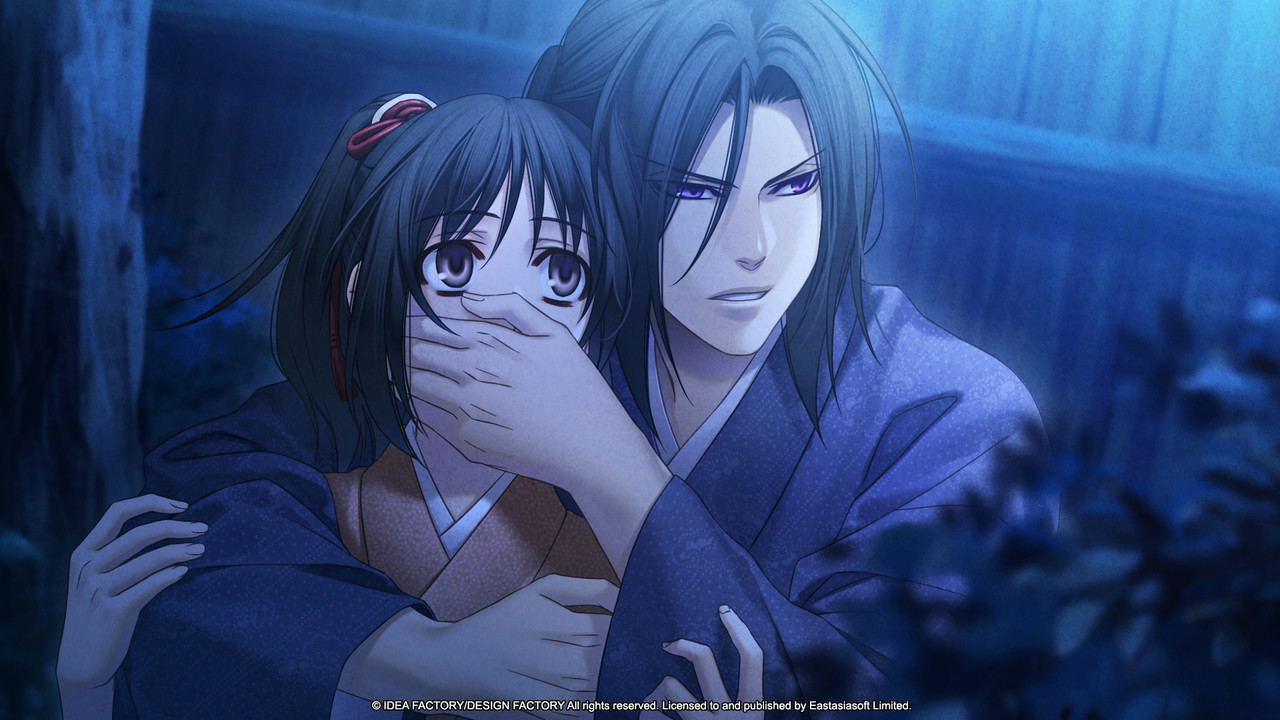 Two animated characters in traditional Japanese clothing sitting closely together in a dimly lit room.