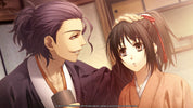 Two animated characters in traditional Japanese clothing, one with purple hair and the other with black hair and a red hair tie, in a close interaction.