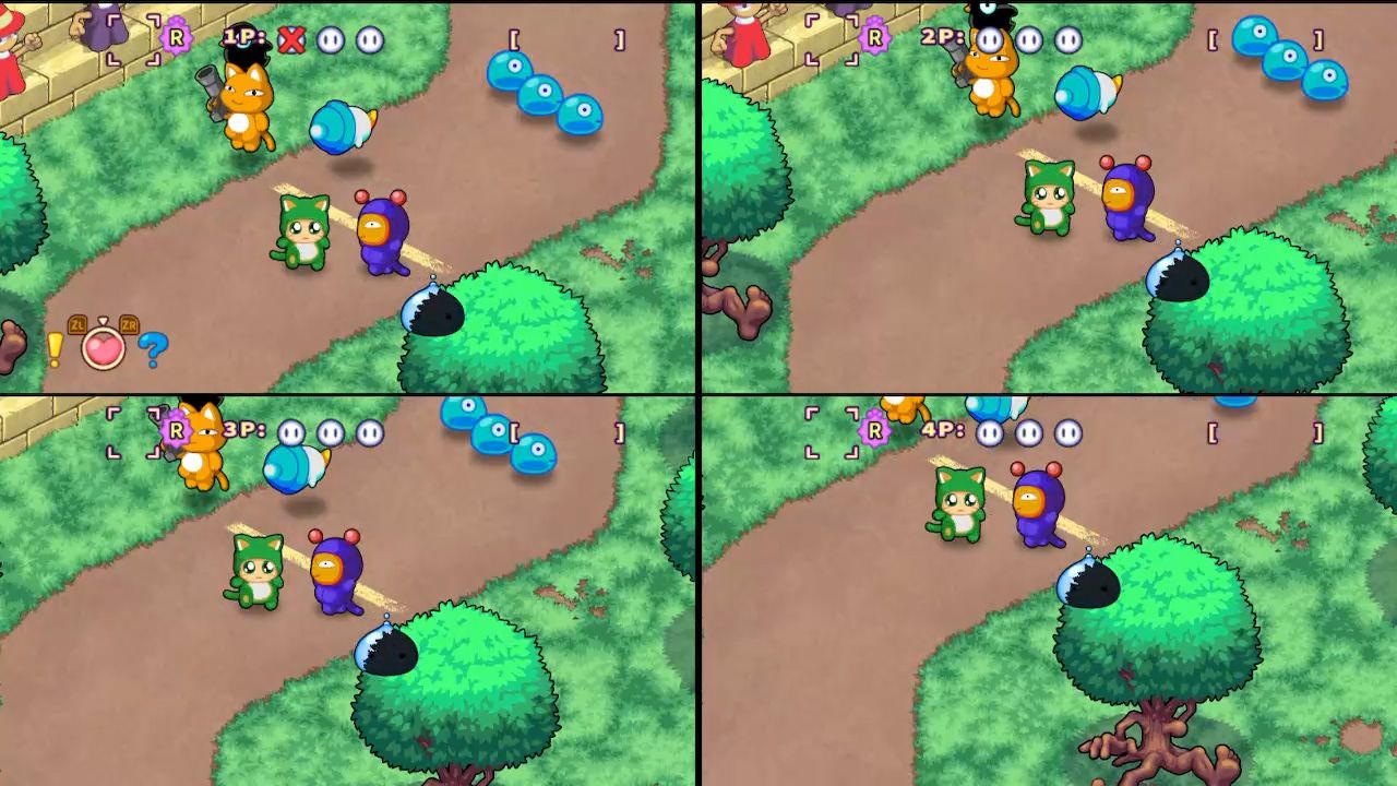 A 2x2 grid showing four identical top-down video game scenes with cartoon animal characters on a grassy path, trees, and blue egg-like objects.