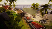 Train on a track near a tropical beach with palm trees and ocean view