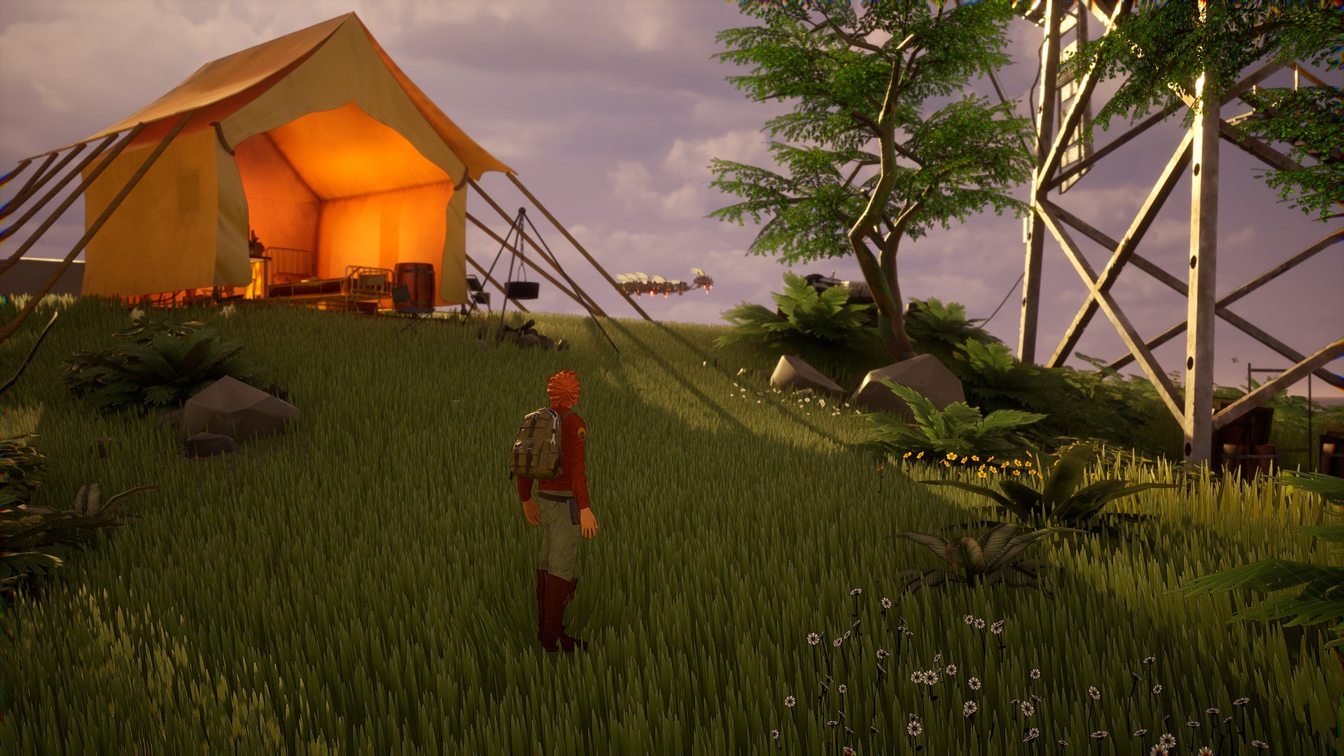 Person standing in a grassy area with a tent and power line in the background