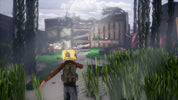 Character in a yellow helmet and backpack walking through a lush, green environment with futuristic buildings in the background.